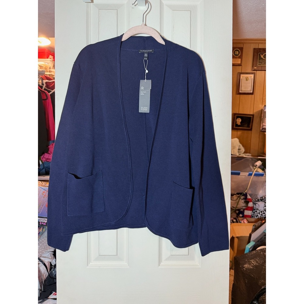 Eileen Fisher Petite Navy Silk Organic Cotton Interlock Open Cardigan PL